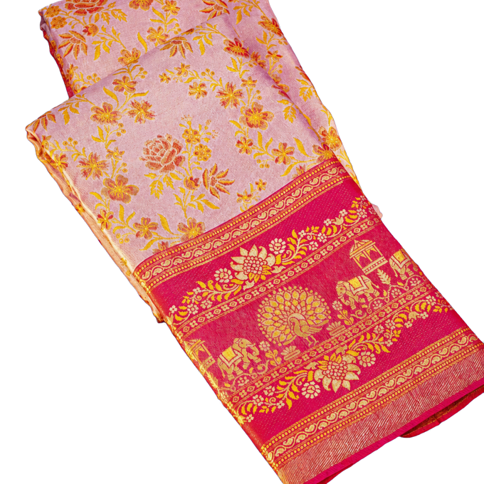 Kanchipuram Silk Baby Pink Saree with Meenakari Designer
