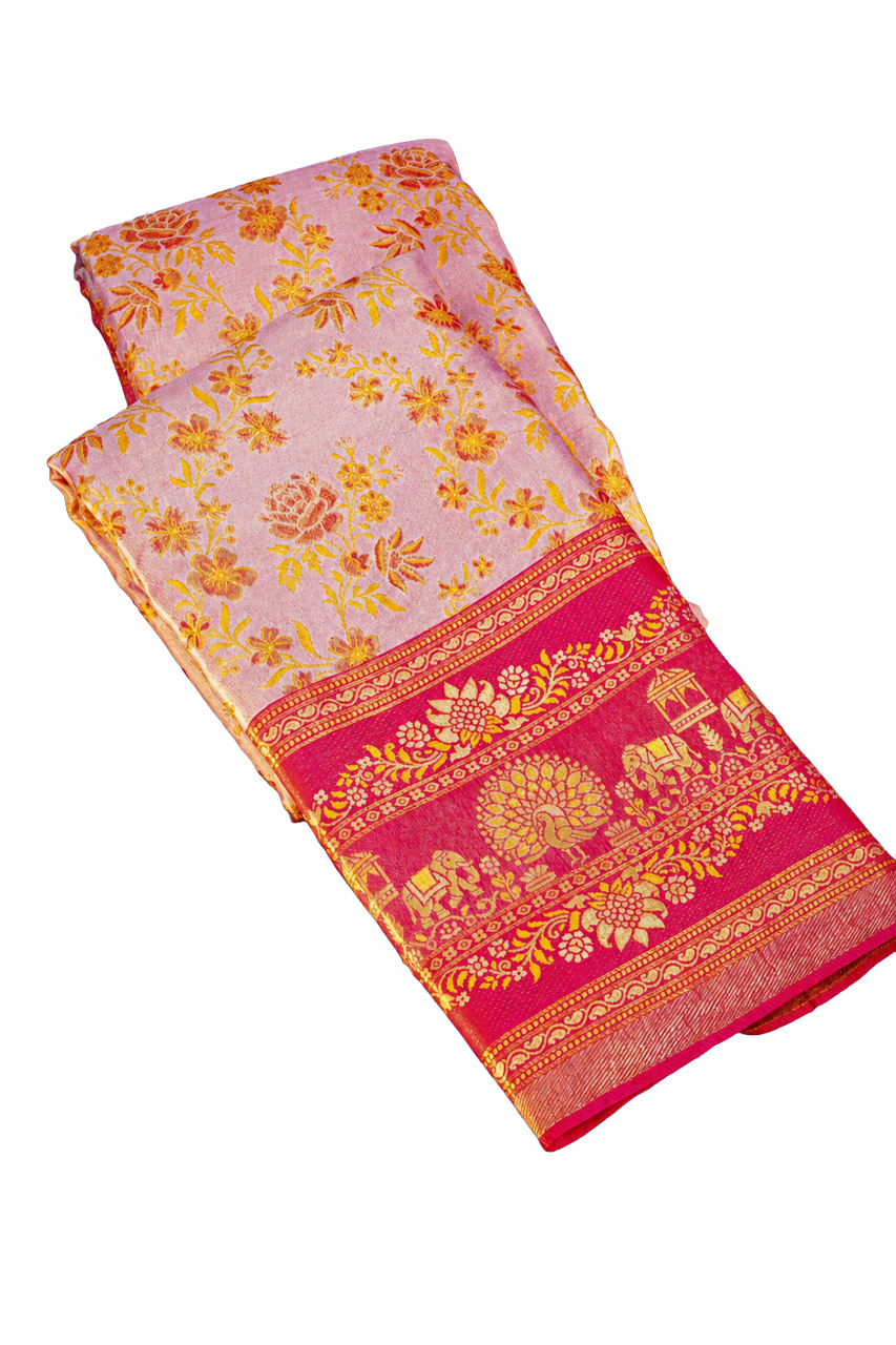 Kanchipuram Silk Baby Pink Saree with Meenakari Designer