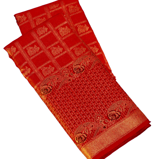 Kanchipuram Silk Bridal Red Saree with Peacock Buttis in Checks Body Meenakari Border