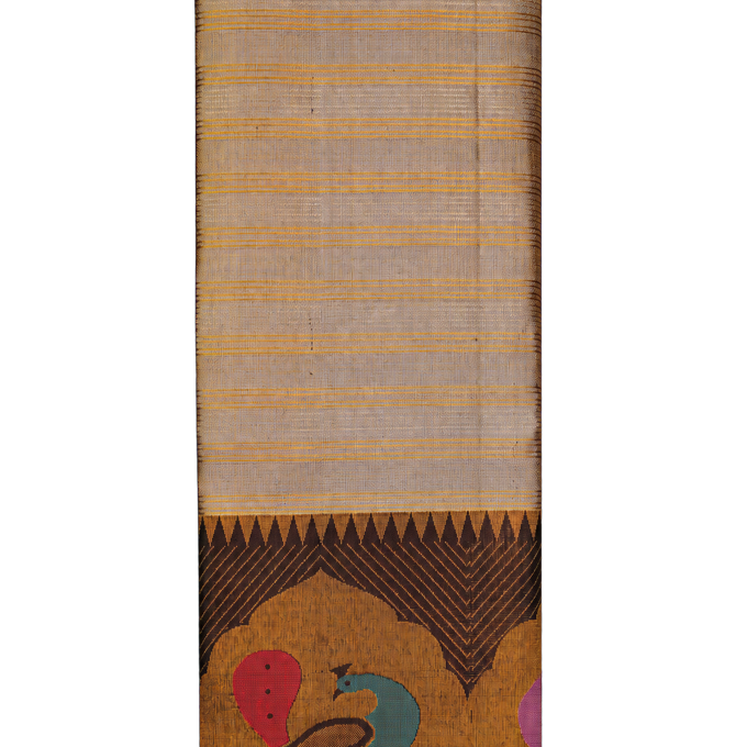 Kanchipuram Silk Grey Saree with Multi Colour Peacocks Border