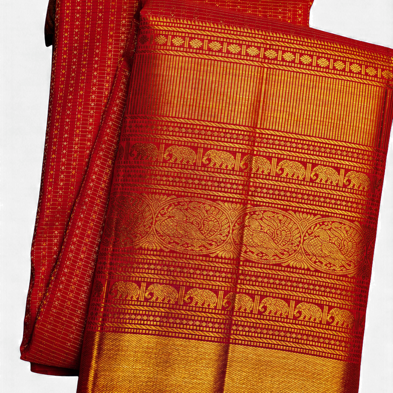 Kanchipuram Silk Red Saree with Zari Lines Body Traditional Self Border