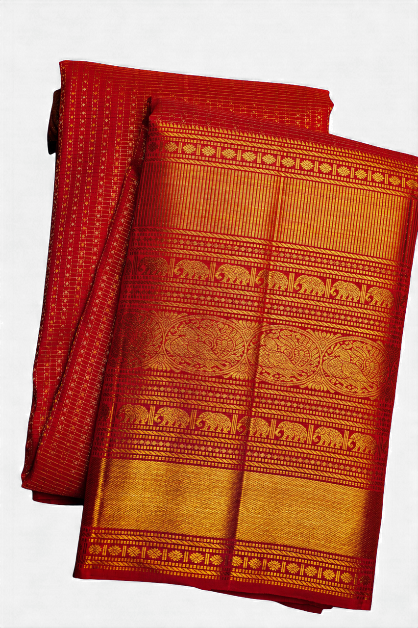 Kanchipuram Silk Red Saree with Zari Lines Body Traditional Self Border
