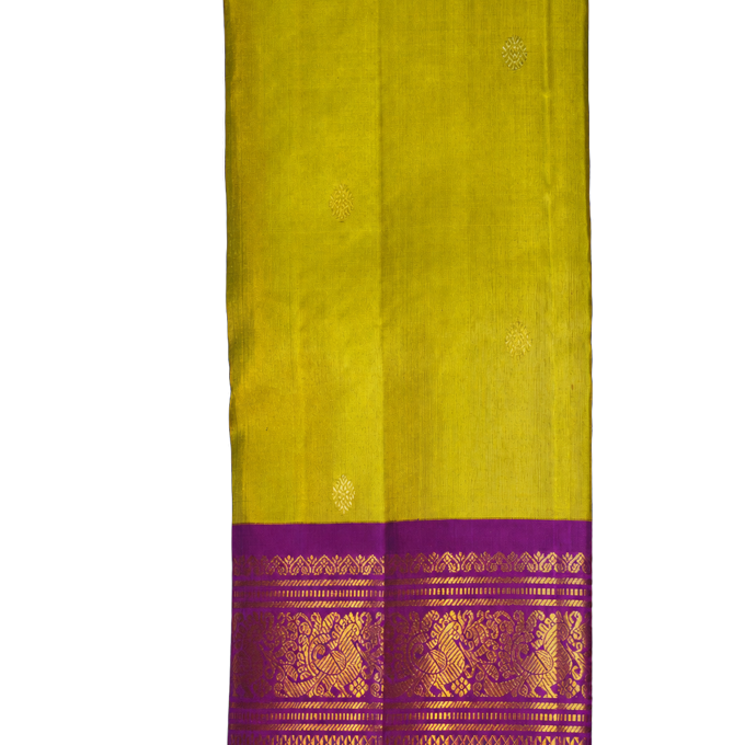 Vintage Kanchipuram Silk Parrot Green Saree with Contrast Peacock Zari Border