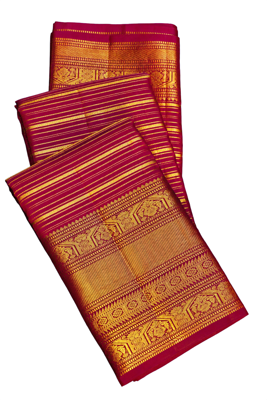 Kanchipuram Silk Magenta Saree with All Over Zari Lines Self Border