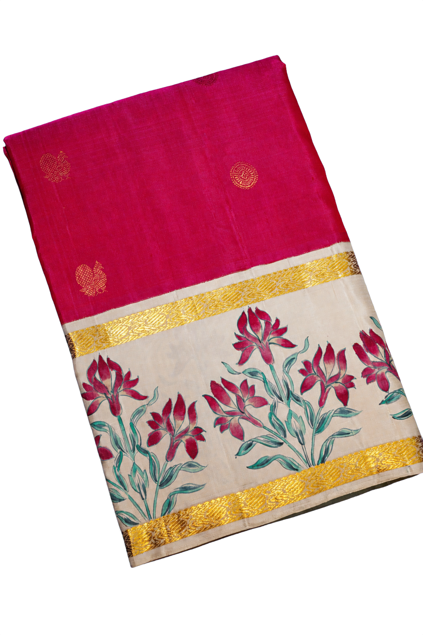 Gadwal Silk Magenta Saree with Hand-Painted Border
