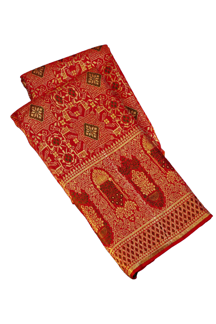 Kanchipuram Silk Bridal Red Saree with Self Florals and Meenakari Body