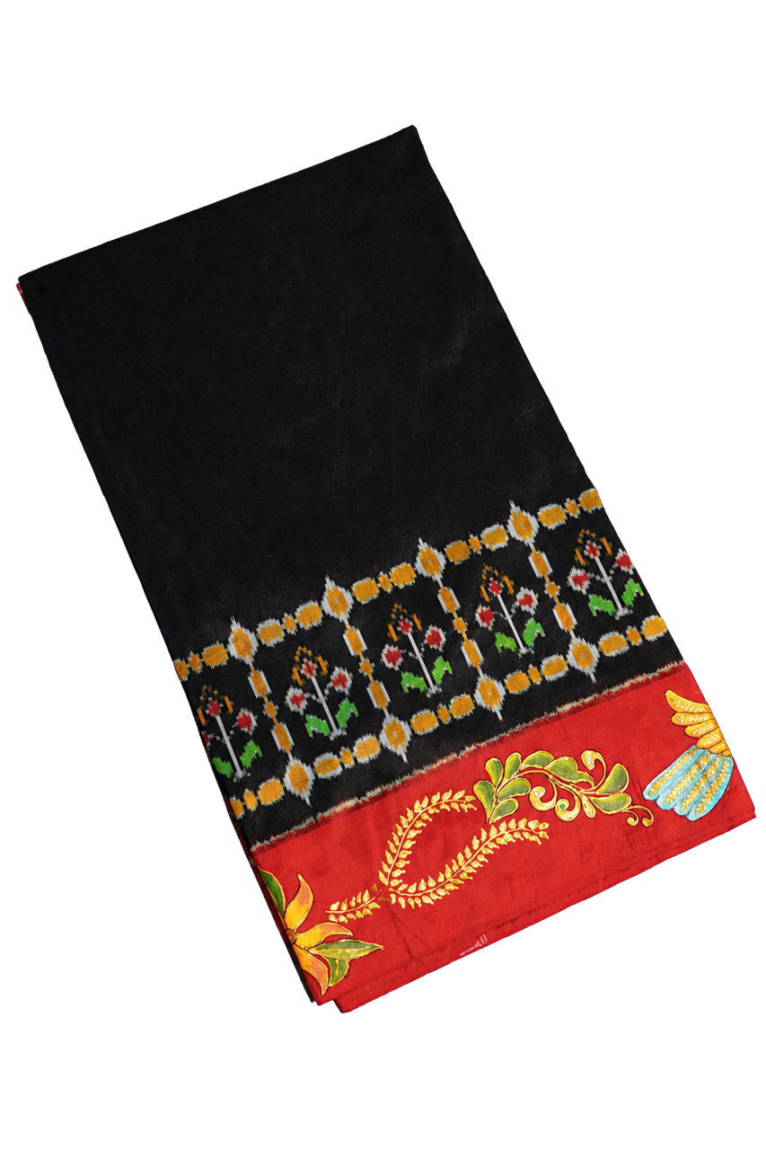 Fusion Silk Black Saree with Florals in Tanjore Hand Painted Border