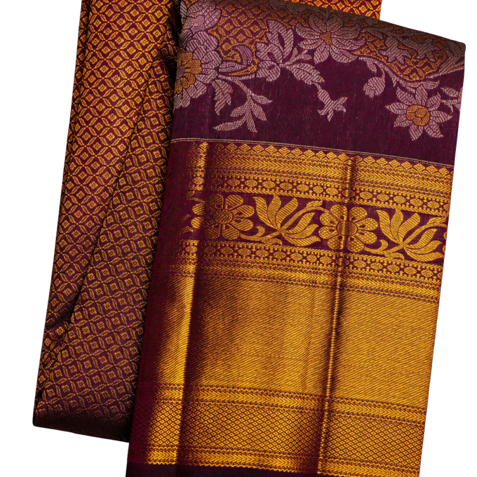 Kanchipuram Silk Dark Purple Saree with Brocade Body Self Turning Border