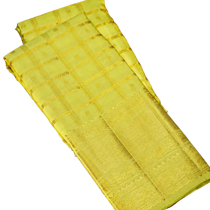 Kanchipuram Silk Lime Green Saree with Zari Checks