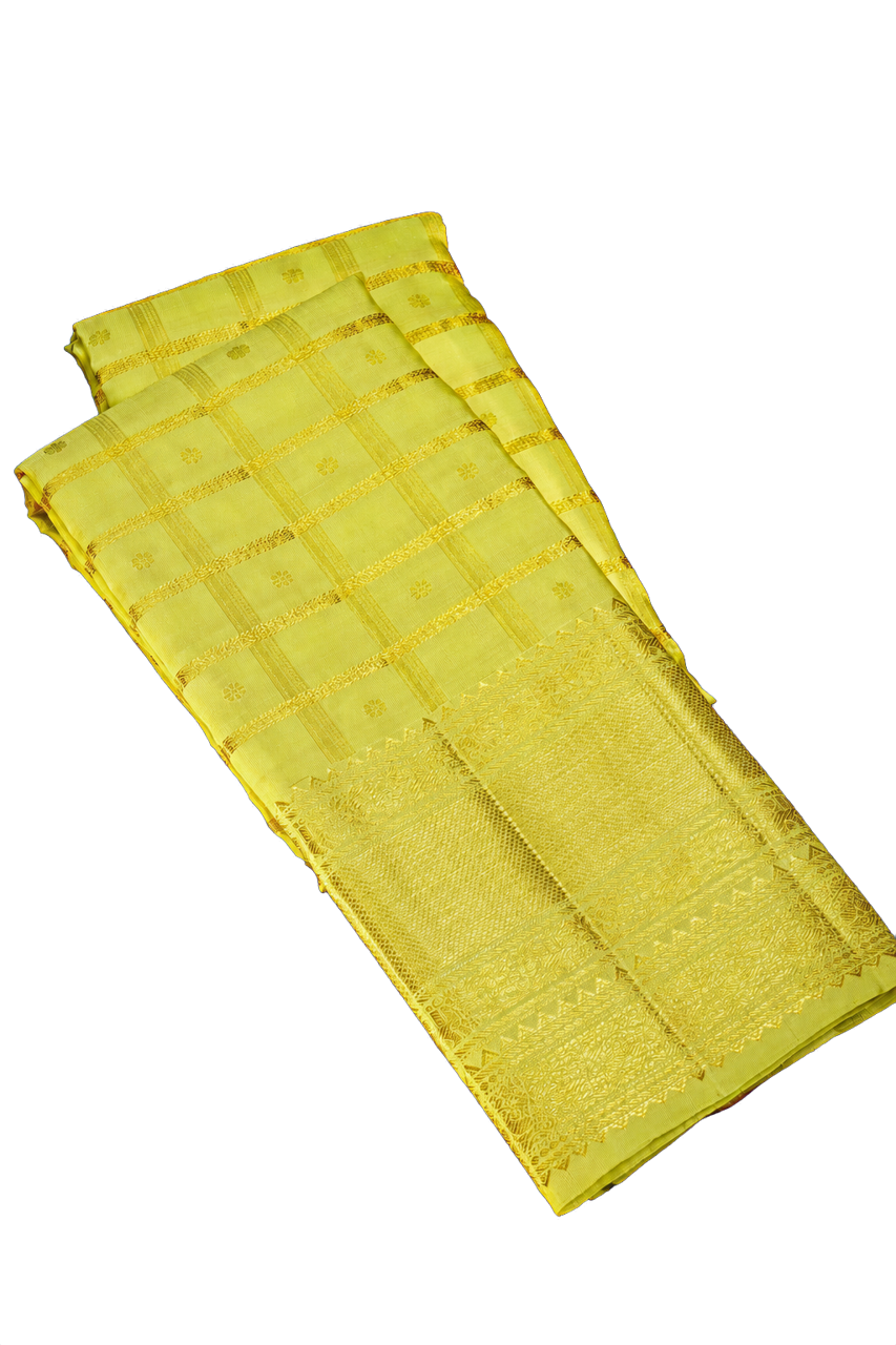 Kanchipuram Silk Lime Green Saree with Zari Checks