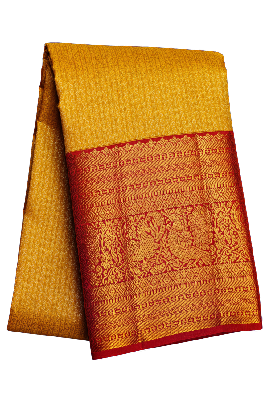 Kanchipuram Silk Yellow Saree with Zig Zag Lines Body Traditional Contrast Border
