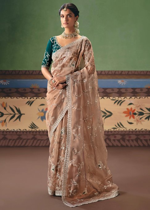 Almond Brown Embroidered Designer Saree