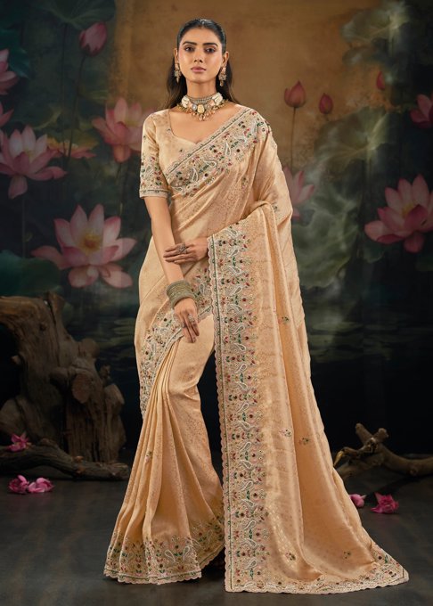 Almond Cream Embroidered Designer Saree