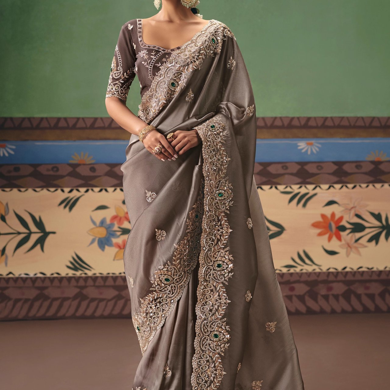 Aluminum Grey Embroidered Designer Saree