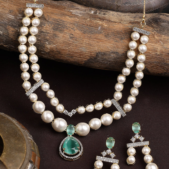 Sukkhi Incredible Pear Design & Gold Plated CZ & Pearl Studded Mint Green Brass Two Layered Collar Necklace with Drop Earrings Jewellery Set for Women