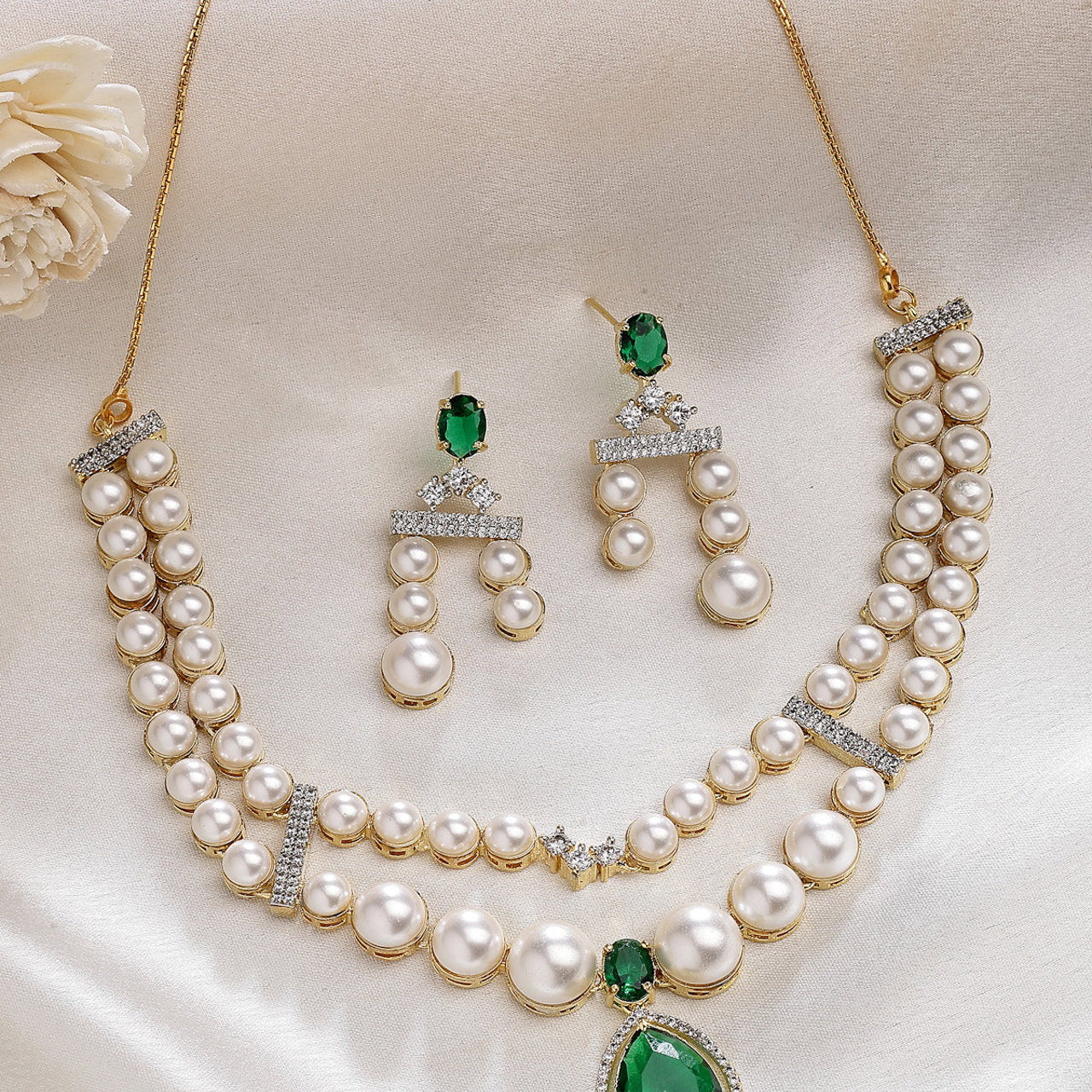 Sukkhi Iconic Pear Design Gold Plated with CZ & Pearl Studded Green Brass Two Layered Collar Necklace with Drop Earrings Jewellery Set for Women