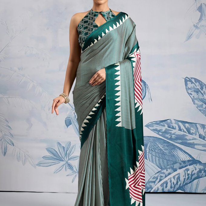 Antique Green Printed Satin Silk Saree