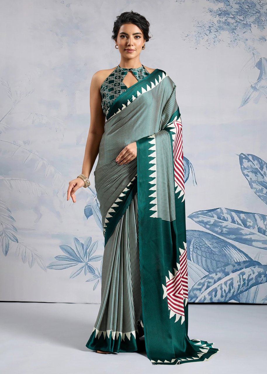 Antique Green Printed Satin Silk Saree