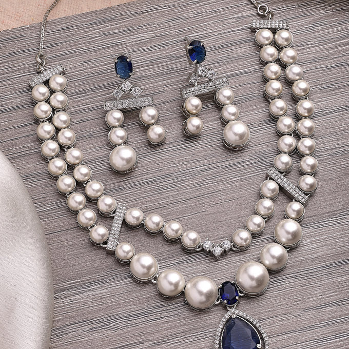 Sukkhi Vintage Pear Design Rhodium Plated with CZ & Pearl Studded Brass Silver Blue Two Layered Collar Necklace & Drop Earrings Jewellery Set for Women