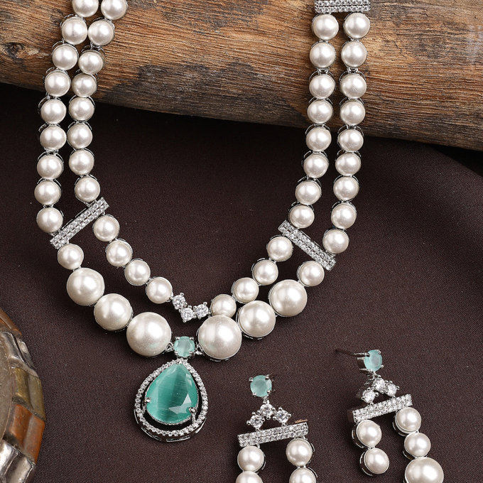 Sukkhi Seaside Pear Design Rhodium Plated with CZ & Pearl Studded Brass Mint Green Two Layered Collar Necklace & Drop Earrings Jewellery Set for Women