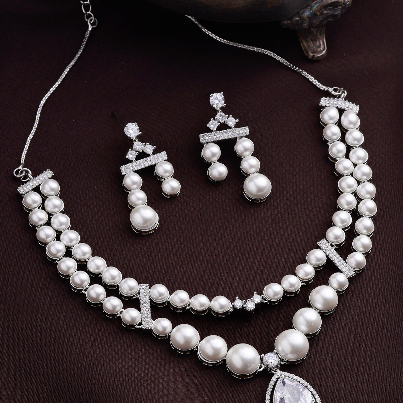 Sukkhi Classic Pear Design Rhodium Plated with CZ & Pearl Studded Brass White Two Layered Collar Necklace with Drop Earrings Jewellery Set for Women