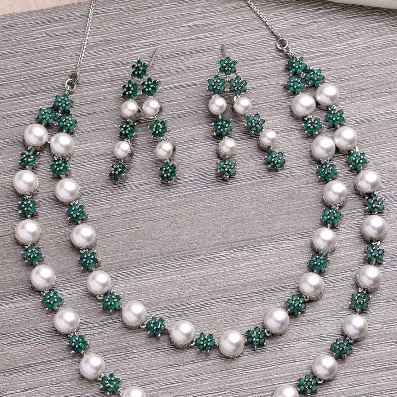 Sukkhi Floral Design Rhodium Plated with CZ & Pearl Studded Brass Emerald Green Two Layered Collar Necklace with Drop Earrings Jewellery Set for Women