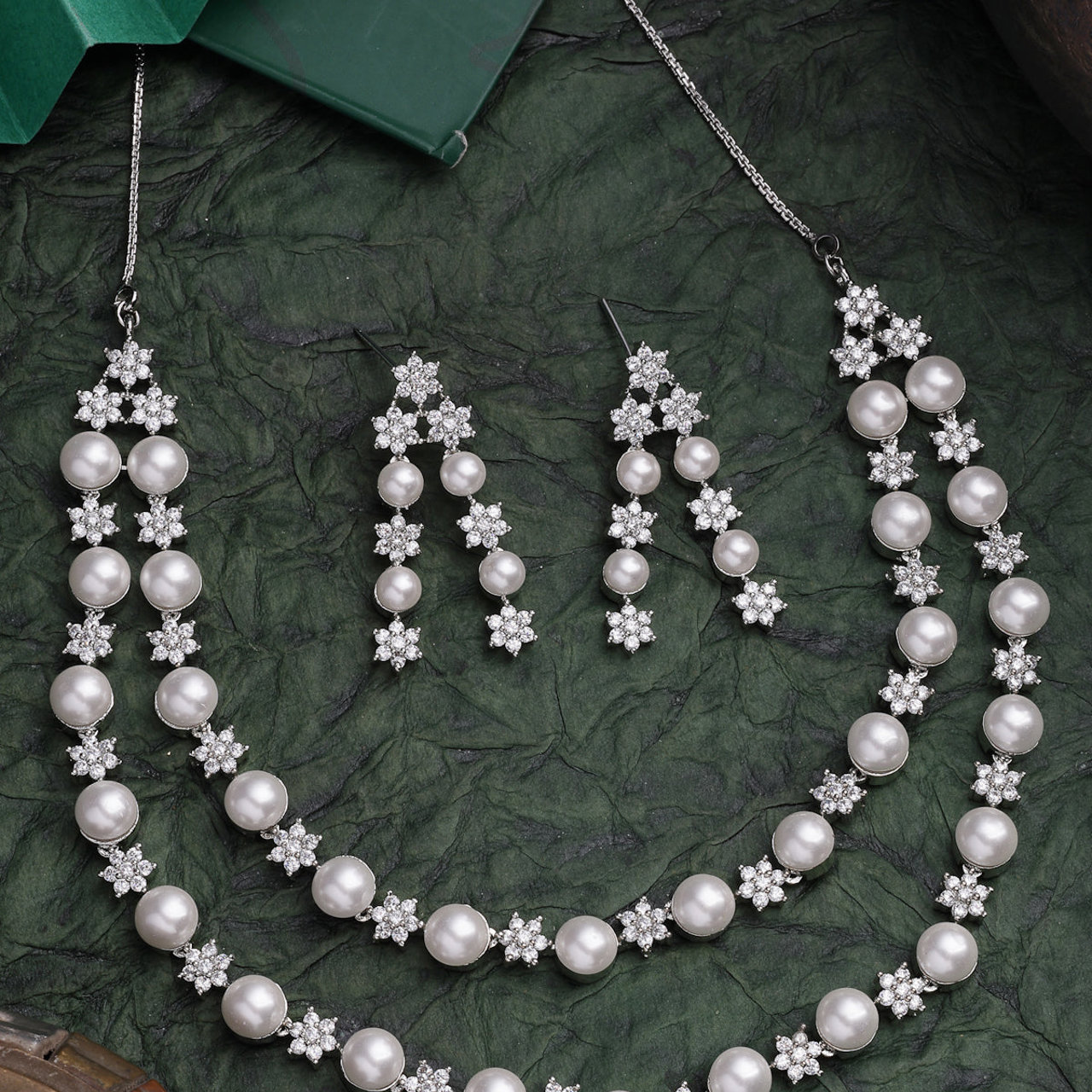 Sukkhi Iconic Floral Design Rhodium Plated with CZ & Pearl Studded Brass White Two Layered Collar Necklace with Drop Earrings Jewellery Set for Women
