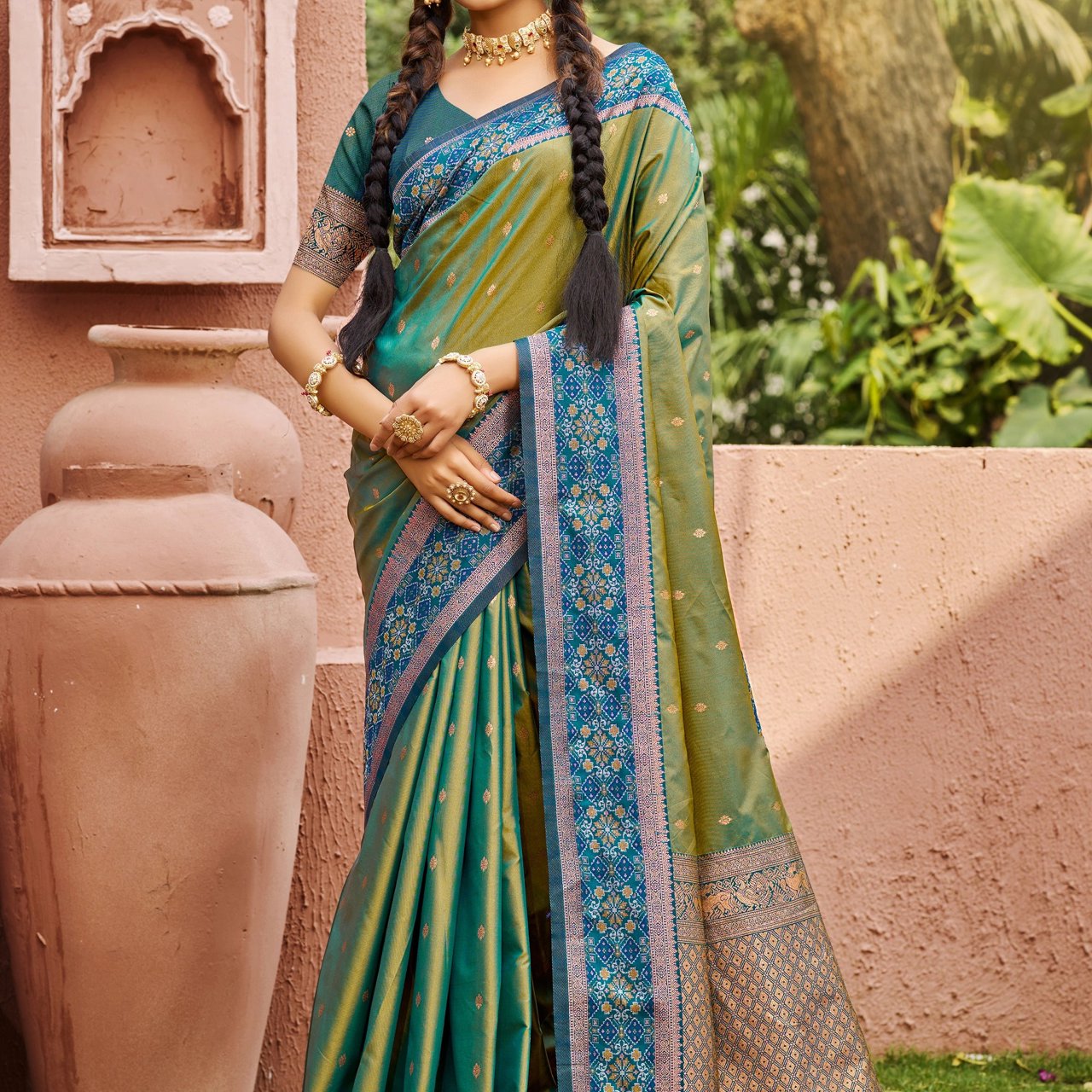Antique Green Woven Banarasi Silk Saree