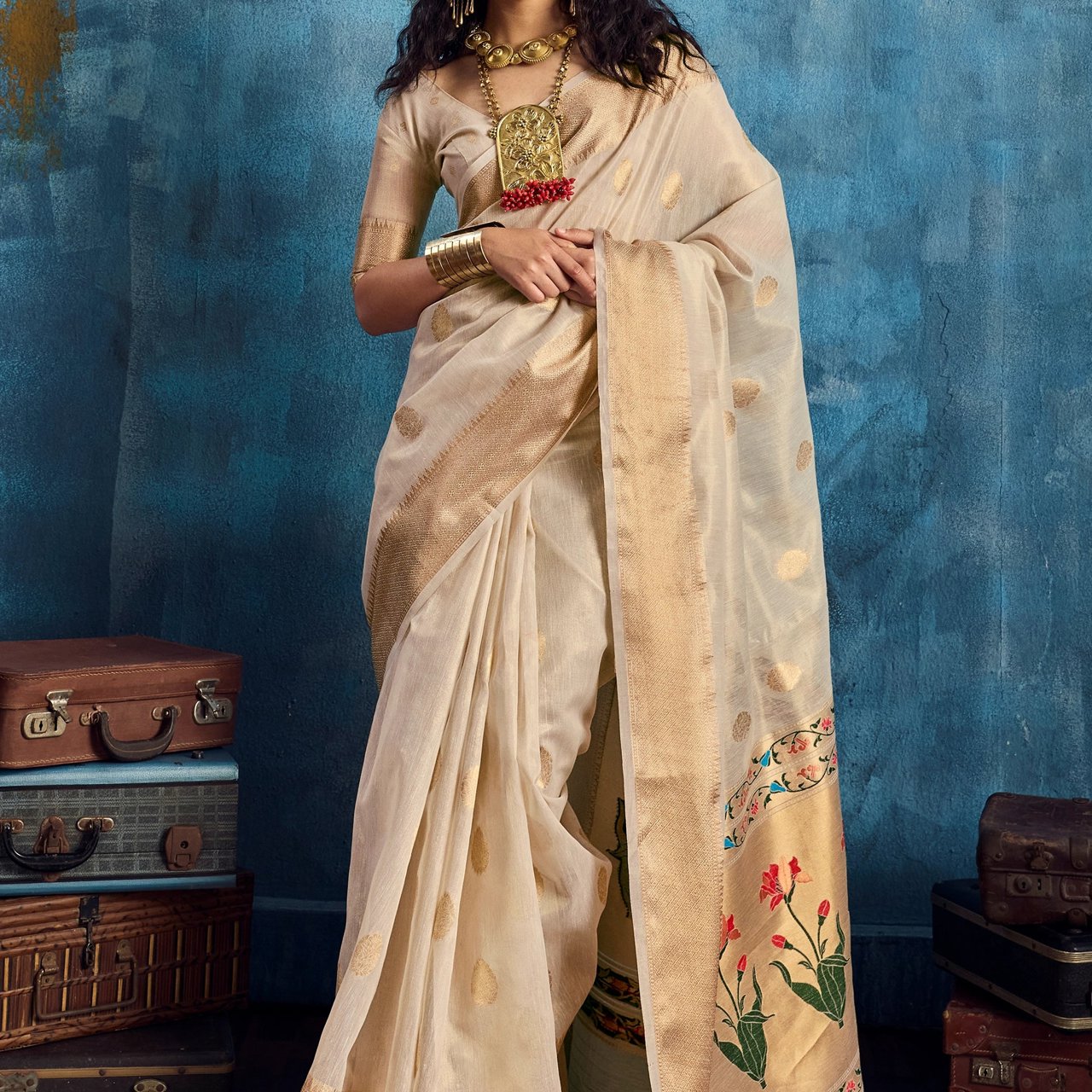 Antique White Woven Paithani Tissue Silk Saree