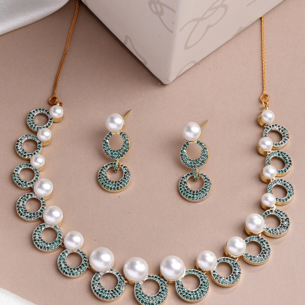 Sukkhi Ornamental Round Design Gold Plated with Cubic Zirconia & Pearl Studded Green Brass Collar Necklace with Drop Earrings Jewellery Set for Women