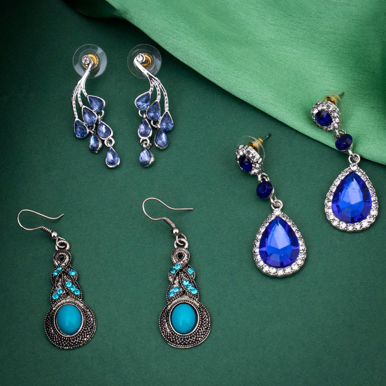 Sukkhi Glorious Rhodium Plated Crystals from Swarovski Dangle Pair of 3 Earring Combo For Women