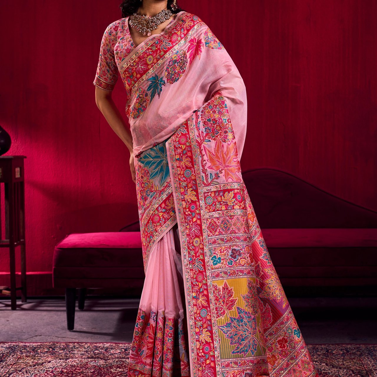 Aurora Pink Woven Cotton Kashmiri Jamewar Saree