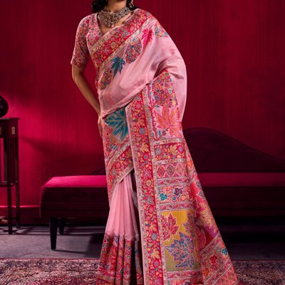 Aurora Pink Woven Cotton Kashmiri Jamewar Saree