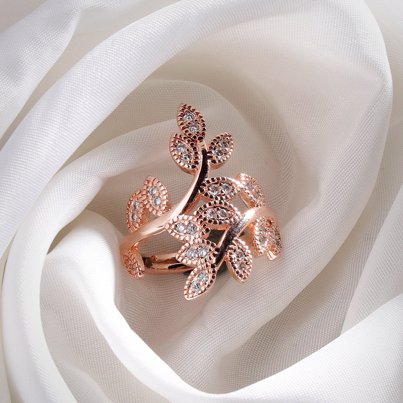 Scintillare by Sukkhi Most Beautiful Rose Gold Plated Leaf Shaped Crystals Stones Finger Rings for Women & Girls