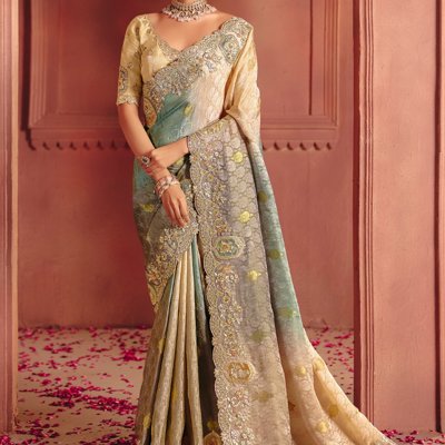 Beige Designer Embroidered Saree