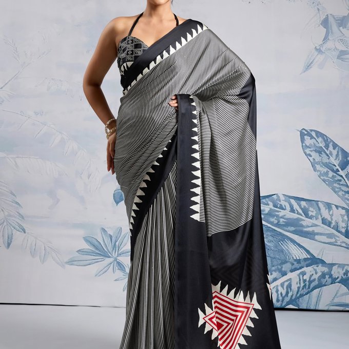 Black And White Printed Satin Silk Saree
