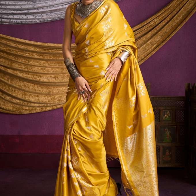 Blazing Yellow Banarasi Satin Silk Saree