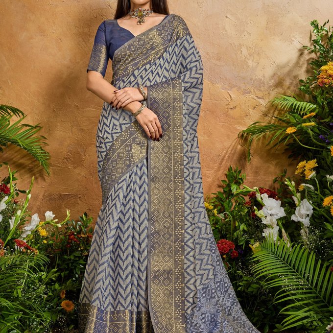 Blue Printed Patola Silk Saree