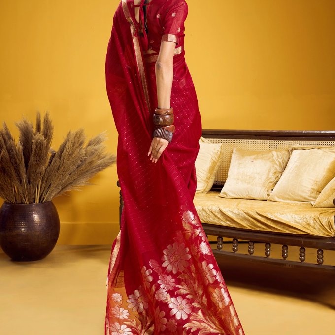 Bridal Red Woven Cotton Silk Saree