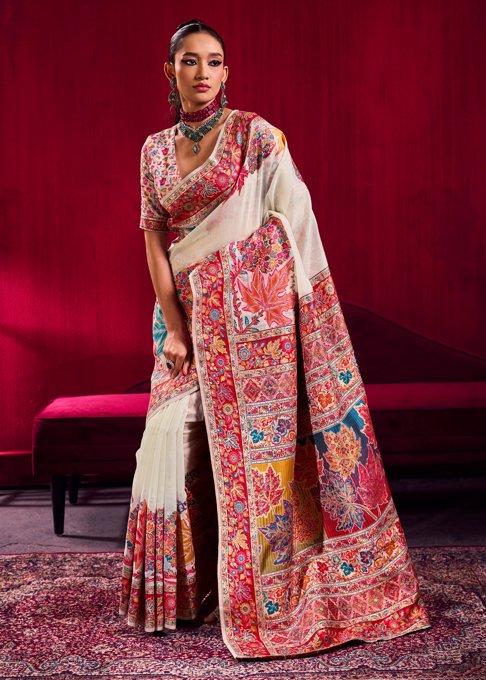 Bright White Woven Cotton Kashmiri Jamewar Saree