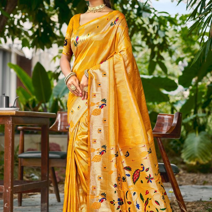 Bright Yellow Woven Kanjivaram Silk Saree