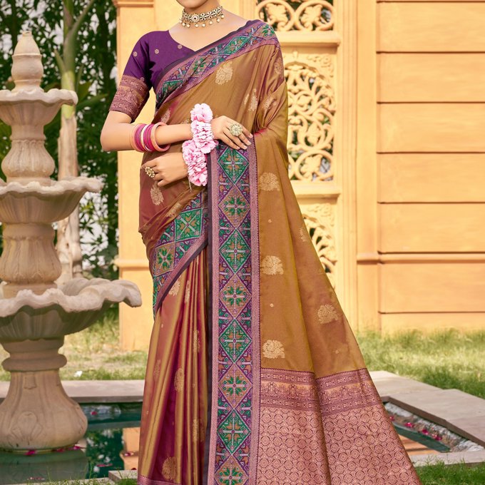 Bronze Brown Woven Banarasi Silk Saree