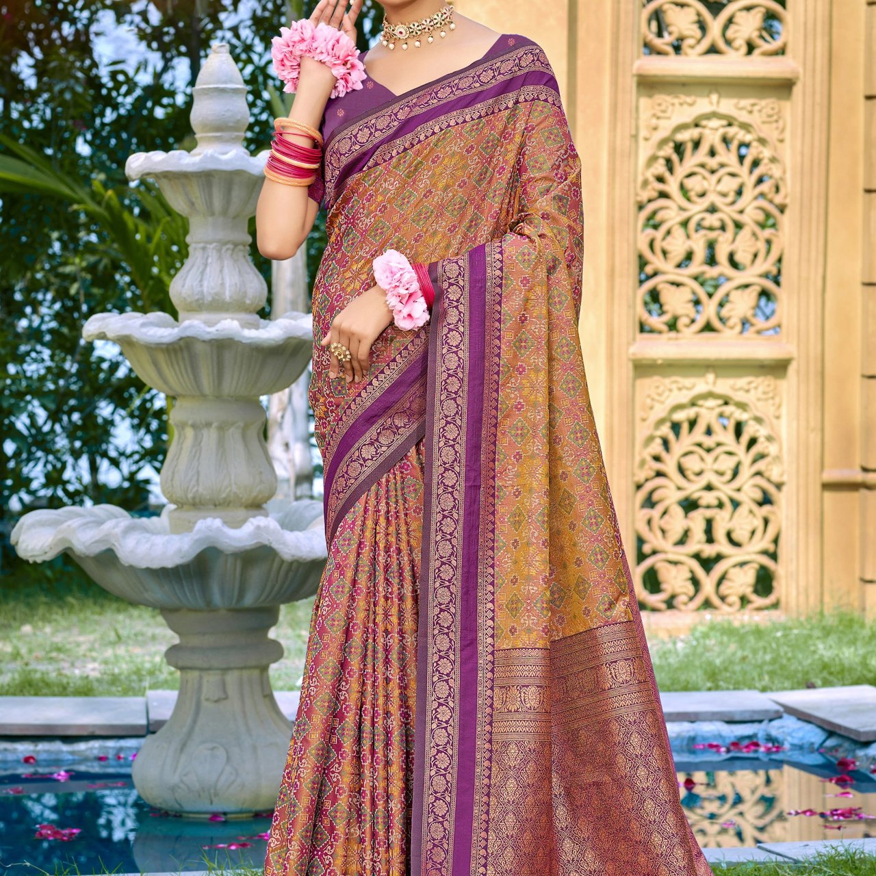 Brown And Purple Woven Banarasi Silk Saree