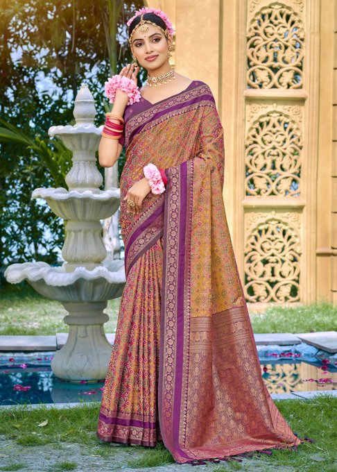 Brown And Purple Woven Banarasi Silk Saree