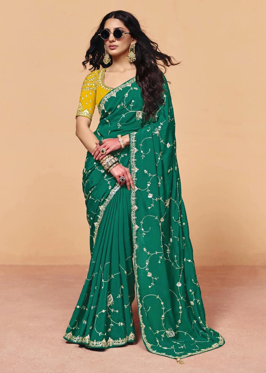 Cadmium Green Embroidered Designer Tissue Saree