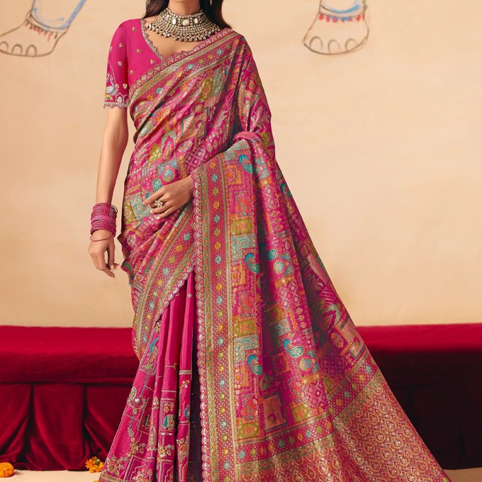 Carmine Pink Designer Embroidered Saree