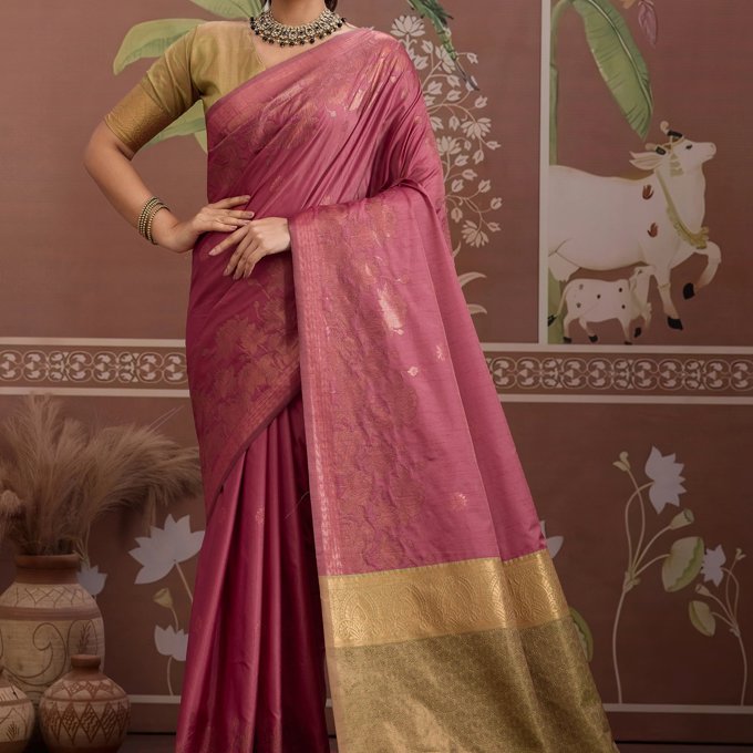 Carmine Pink Woven Tussar Silk Saree