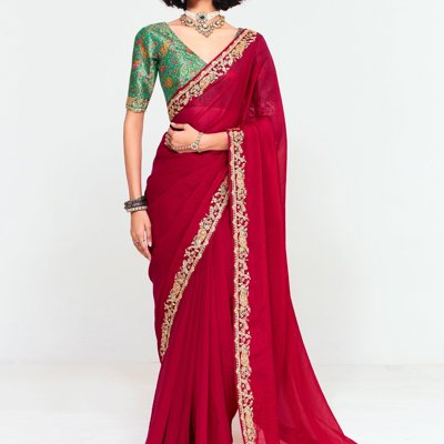 Cherry Red Designer Embroidered Tissue Saree