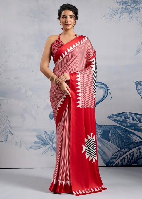 Cherry Red Printed Satin Silk Saree
