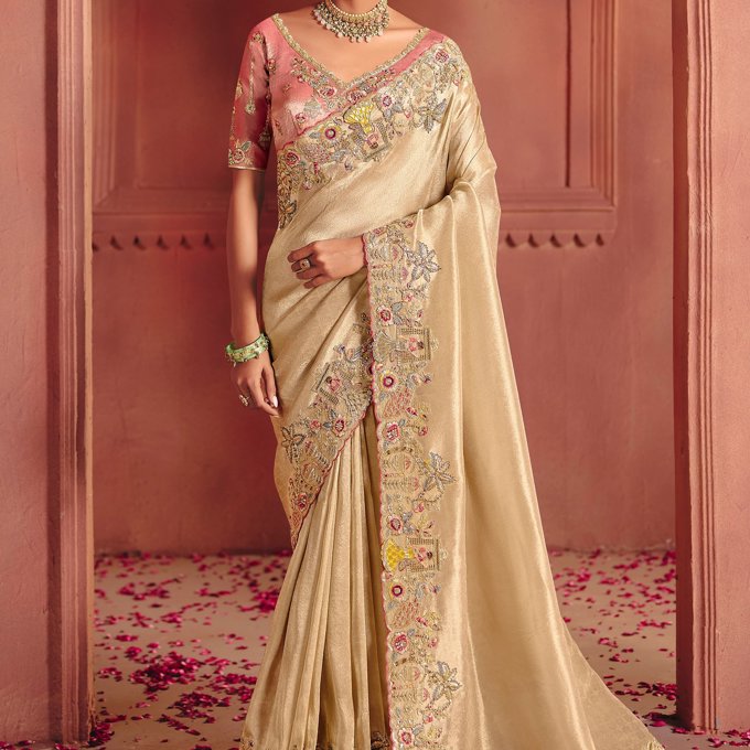 Classic Cream Designer Embroidered Saree